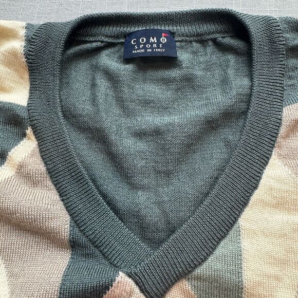 Men's Como Sport Wool & Silk Blend Argyle Sweater - Soft Fern Green/Cream - Picture 3 of 7